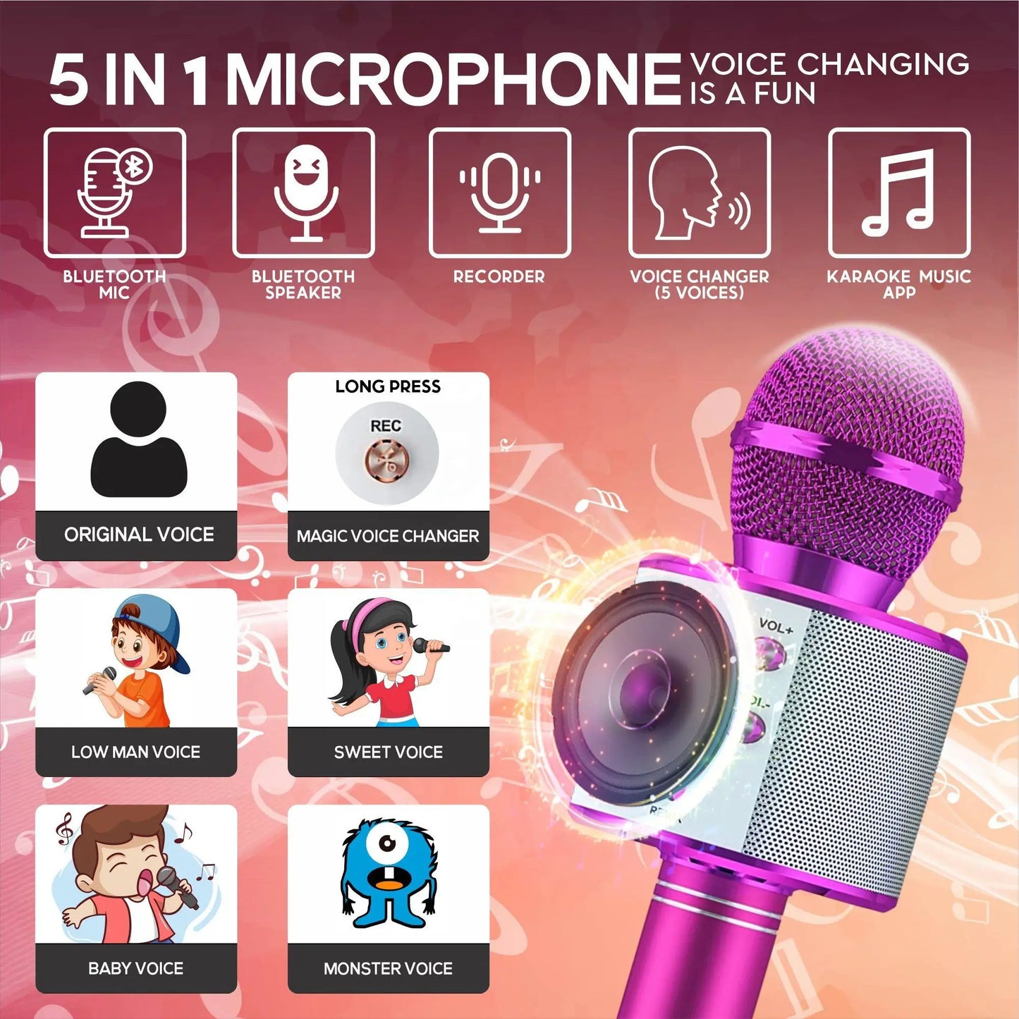 Microphone Wireless Bluetooth Karaoke  For Kids Toys,  For 3-15 Year Old Boys Girl Toys Birthday Gifts