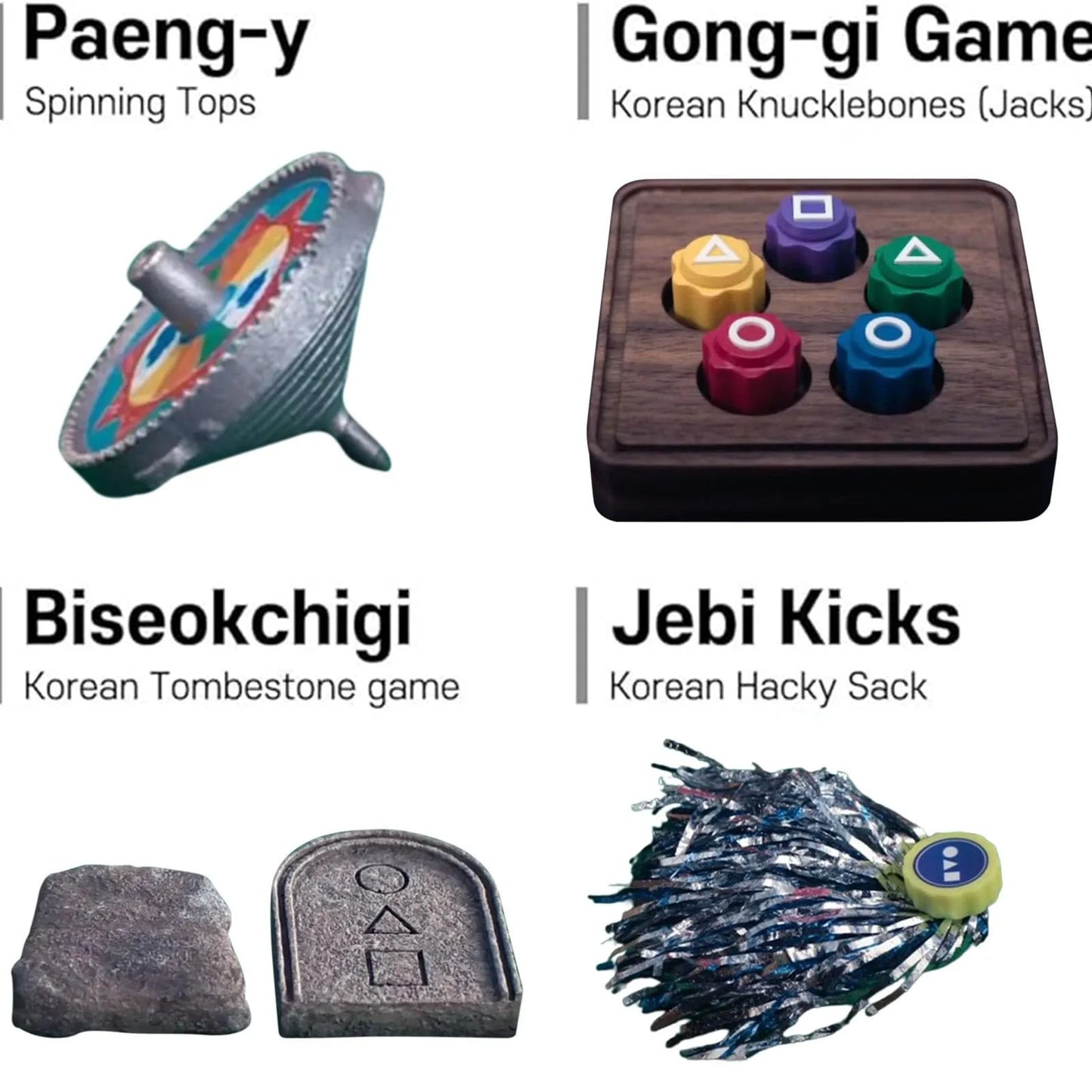 Korean Folk Game Set (Korean Traditional Play Game)- Jebi Chagi, Gong-gi, Biseokchigi, Paeng-y, DDAKJI, Family Travel Games